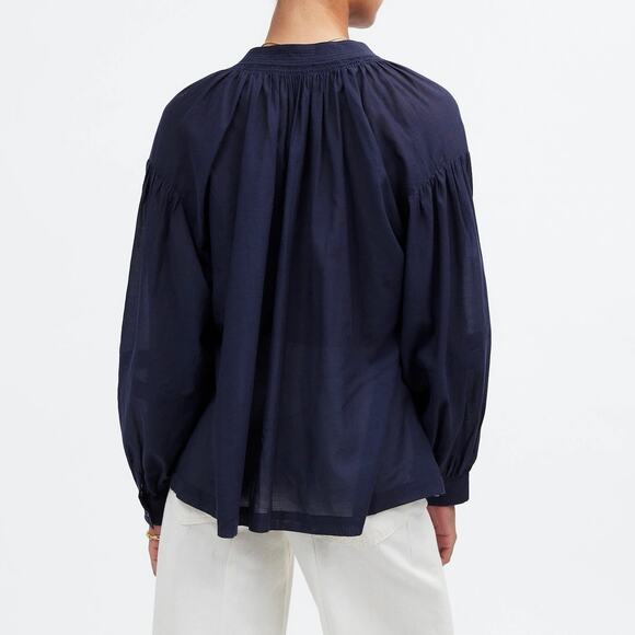 NWT Madewell Shirred Long-Sleeve Flowy V-Neck Top Ink Navy Blue Size Small - Picture 2 of 10